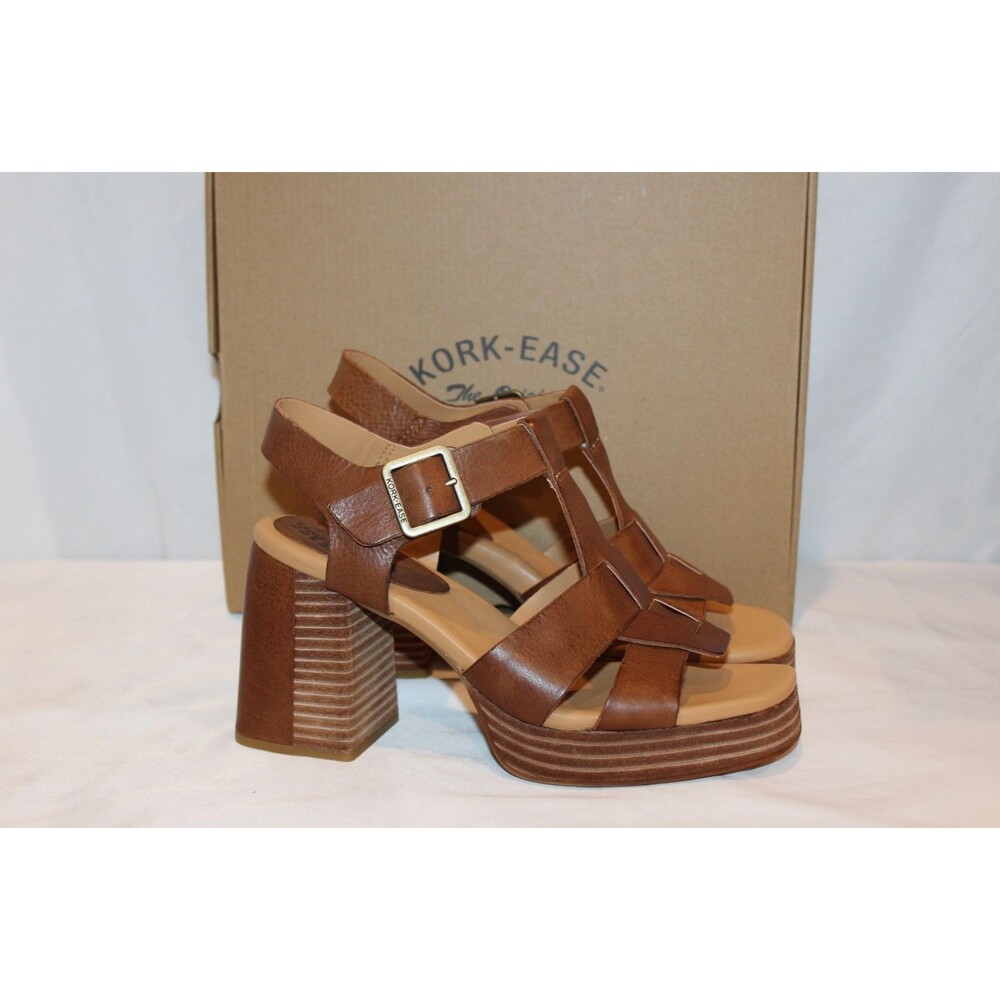 Kork-Ease Macey Brown Leather Woven Platform Block Heel Sandals Women Size 9